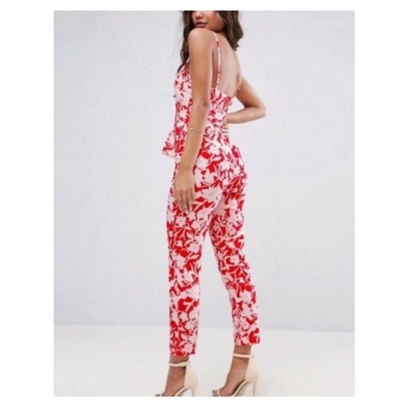 ASOS Jumpsuit Size 2 Red Floral Deep V Neck Summer Attached Belt - Picture 1 of 11